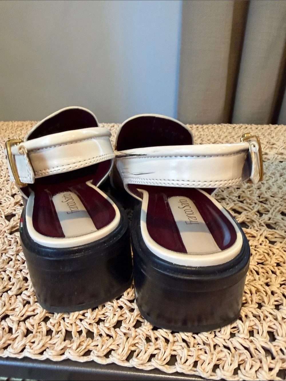 Franco Sarto Cream Patent Leather Slingback Loafers with Gold Accent